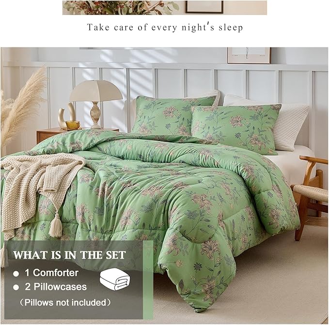 VM VOUGEMARKET Garden Flower Comforter Set King Green Floral Bedding Comfortet Set Soft Microfiber Bedding Set 1 Comforter and 2 Pillowcases Chic Botanical Comforter Set for Girls Women