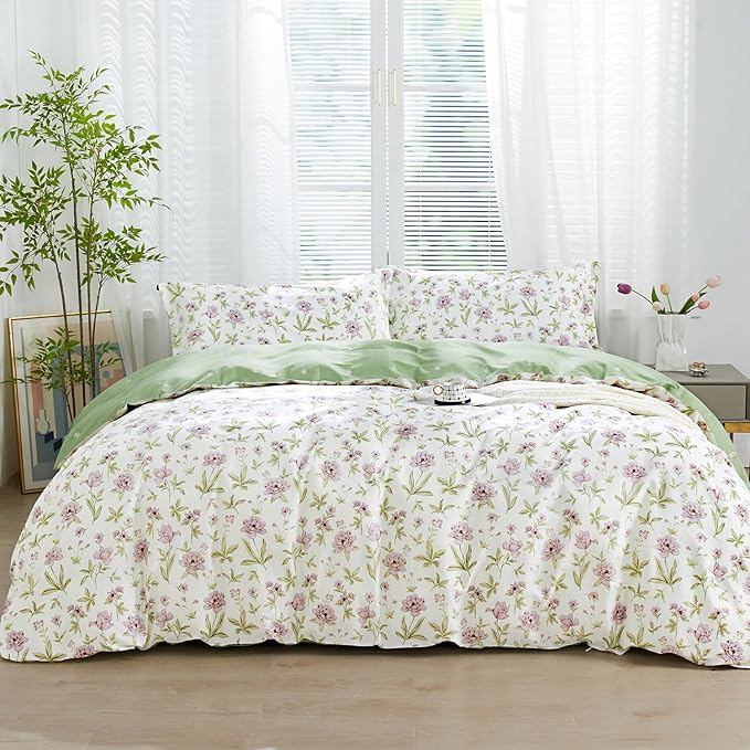 SAPHREAS Pink Lavender Floral Duvet Cover Set Queen Size 3pcs Garden Style Botanical Blossom Bedding Comforter Cover Set 100% Cotton 1 Duvet Cover 90"x90" 2 Pillow Shams, Comforter Not Included