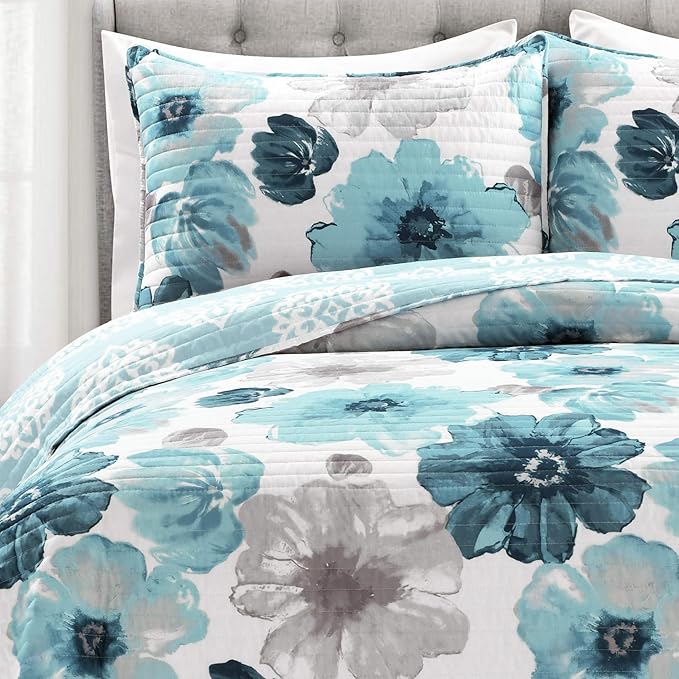 Lush Decor Leah Reversible Floral Quilt Set, 3 Piece Set, King, Blue - Watercolor Botanical - Cottage Core - French Country Decor- Bedding Queen Size