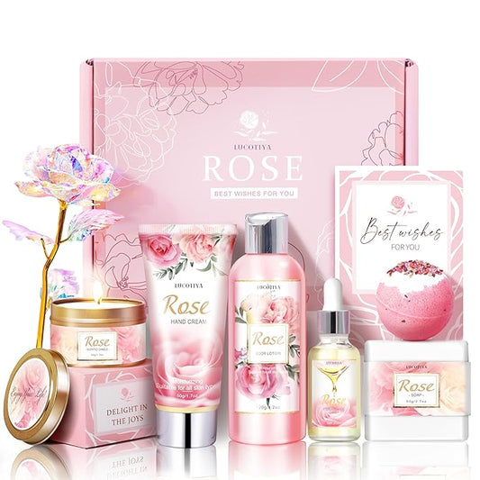 Gifts for Women, Happy Birthday Gifts for Women, Christmas Bath and Body Gifts for Woman with Unique Rose Self Care Gift, Home Spa Gift Basket for Mom, Girlfriend, Sister, Female Friends, Coworker