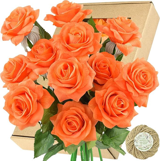 FiveSeasonStuff Silk Roses Artificial Flowers for Decoration, Home Decor Centerpiece for Tables, Wedding Bridal Bouquet of Flowers Real Touch Roses 12 Stems (Burnt Orange)
