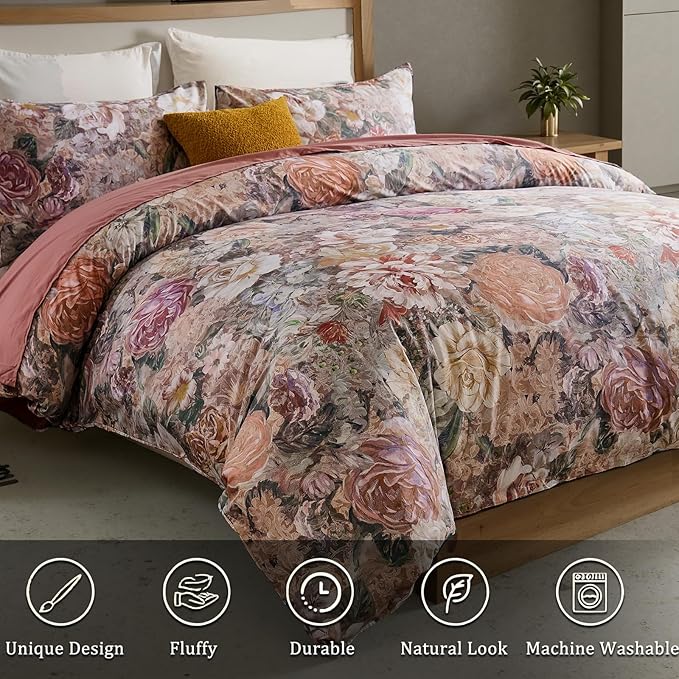 100% Cotton Duvet Cover King Size – Vintage Floral Duvet Cover Set with Zipper Closure & Corner Ties, 3-Piece Luxury & Silky Soft Bedding Set for All Seasons