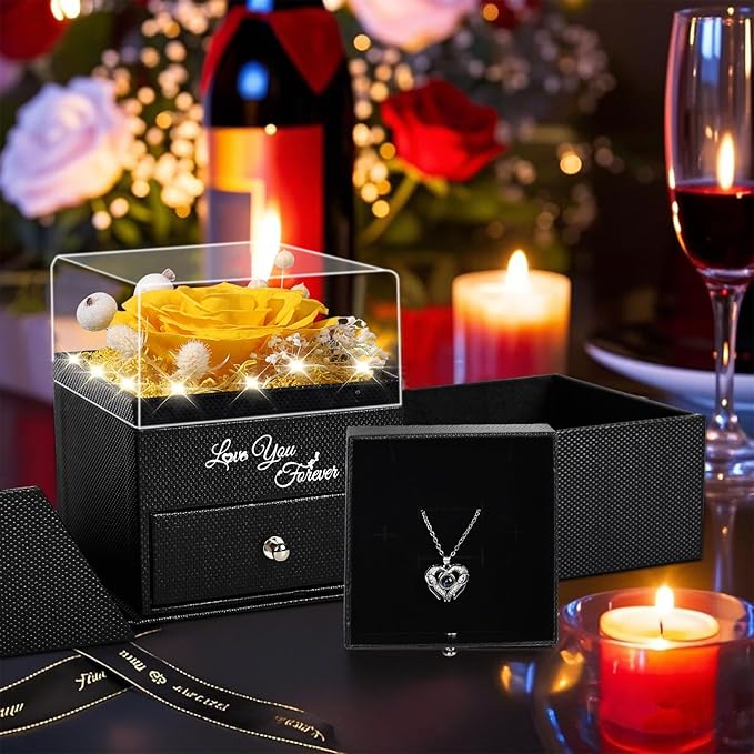 FIACO Gifts for Women Preserved Real Roses with I Love You Necklace Fresh Forever Flowers Birthday Gifts for Mom Grandma Wife Girlfriend on Anniversary Christmas Valentines Romantic Gift