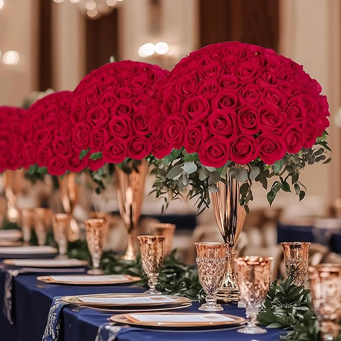 LFF Premium Artificial Classic Red Roses - 50Pcs Realistic Velvet Faux Roses with Long Stems for Wedding Bouquets, Centerpieces, Proposals & Home Decor(Red)
