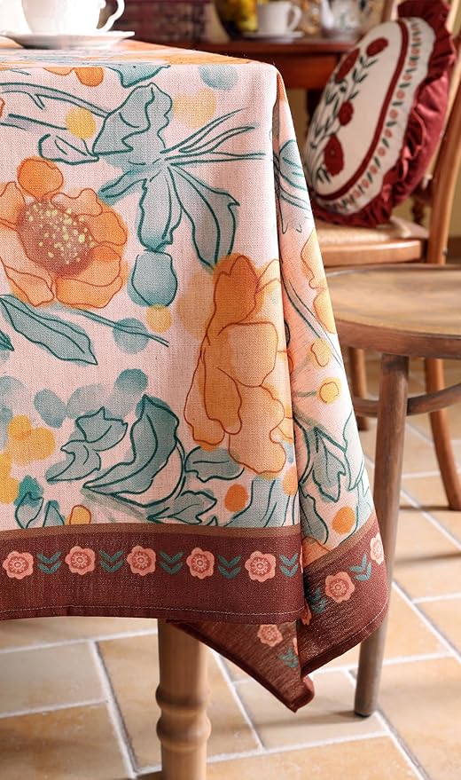 Vintage Linen Square Tablecloth,Italian Orange Floral Soft and Wrinkle Resistan Table Cloth,Decor Table Cover for Kitchen,Dining,Party,Thanksgiving,Christmas,67"*67"-Positano