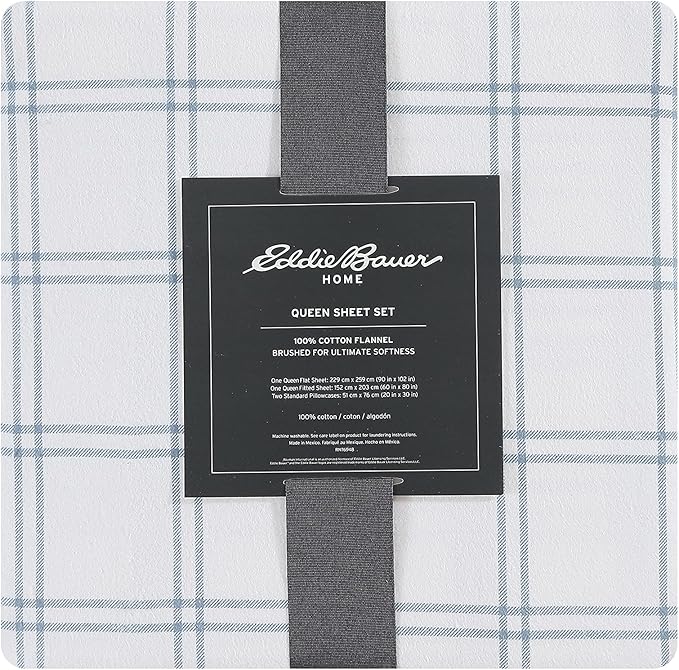 Eddie Bauer - Flannel Sheets Full Size, Anti-Pilling & Wrinkle Resistant Cotton, Touchably Soft for All-Season Comfort - Bed Sheets with Matching Pillowcases & Fitted Sheet (Westridge Plaid Blue)