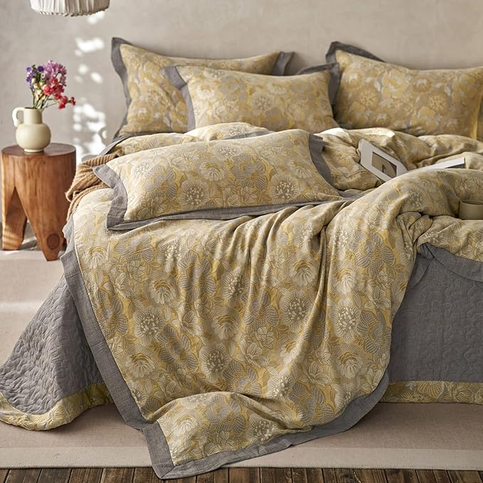 VM VOUGEMARKET Jacquard Floral Duvet Cover Set King,Yarn-Dyed Cotton Yellow Gold Flower Duvet Cover Bordered,Vintage Garden Style Bedding Set King