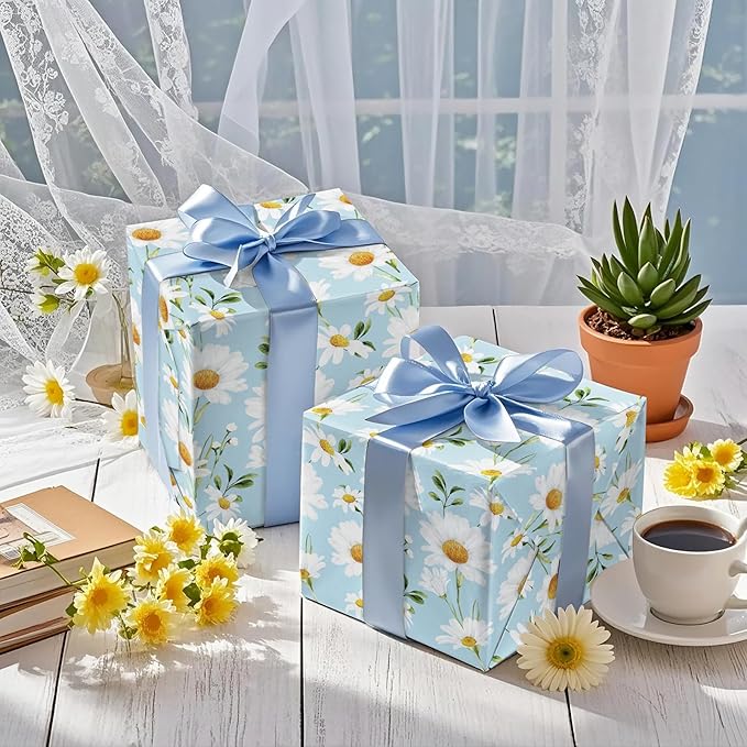 LeZakaa Daisy Wrapping Paper Roll for Girls Women, Light Blue Daisy Fresh CheerfuDesign, for Spring Summer Baby Shower, Bridal Shower, Mini Roll 17 in x 16.4 Ft
