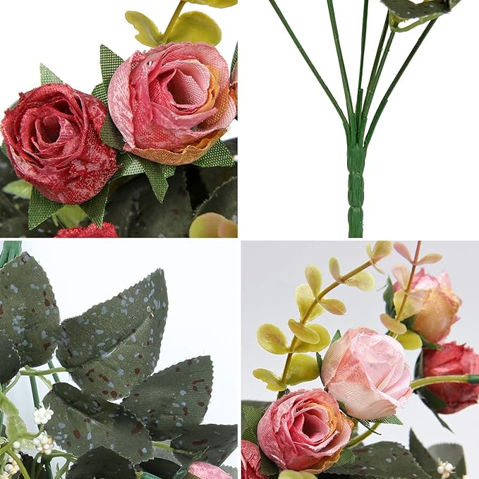 Flojery 21 Heads Silk Rose Bouquet Artificial Flowers Mini Rose for DIY Wedding Bouquets Centerpieces Bridal Shower Party Home Decorations,Pack of 4 （Pink）