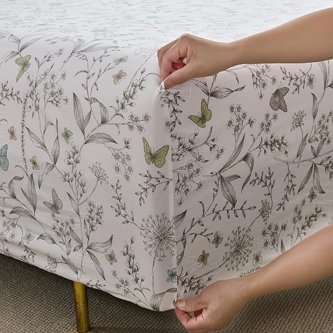 100% Cotton Sheet Set King Size – 4-Piece Chic White Floral Bedding Set, Soft Breathable Percale Weave, Deep Pocket Fitted Sheet 17.5", Crisp Cool Feel, Refined Botanical Elegance