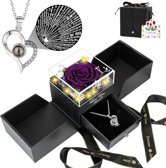 Preserved Purple Real Rose with I Love You Necklace -Eternal Flowers Rose for Mom Grandma Wife Girlfriend Gifts for Her from Husband Christmas Birthday Anniversary