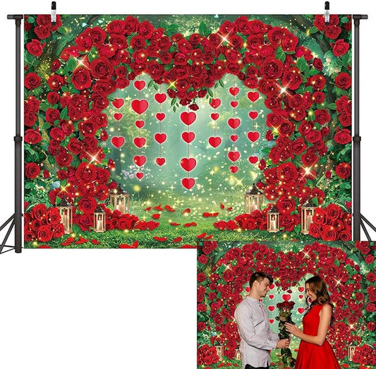 Valentine's Day Backdrop Red Rose Love Heart Garden Photography Background Floral Wedding Bridal Shower Birthday Party Decorations Photo Banner Props (94x70inch(8x6FT))