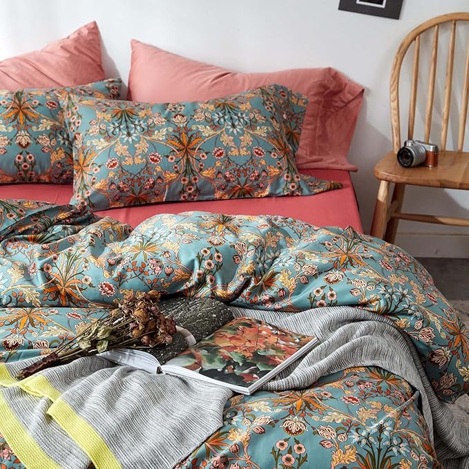 VM VOUGEMARKET Gold Flower Comforter Set Twin XL,Aesthetic Boho Bedding Set Royal Sage Green Floral Comforter with 2 Pillowcases