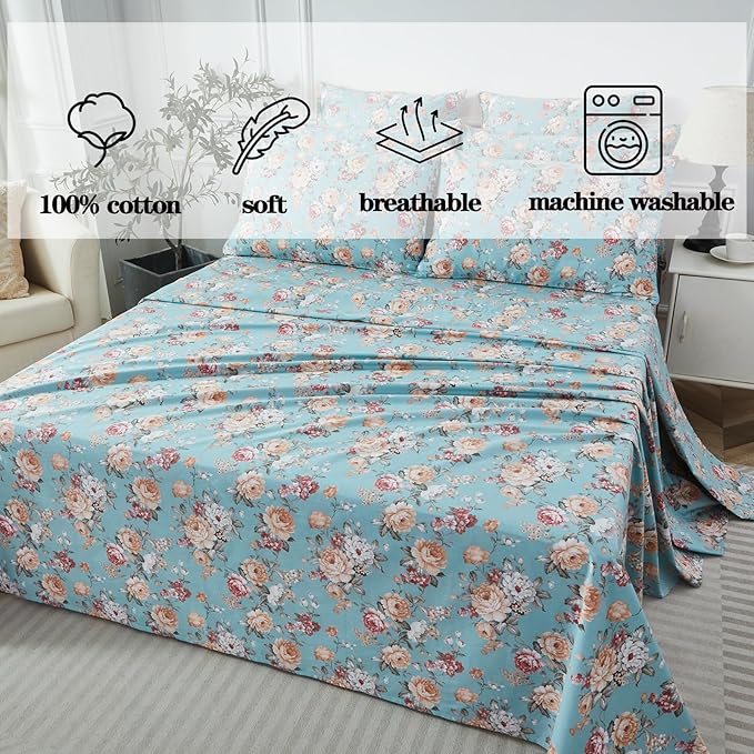 FADFAY Blue Vintage Floral Twin Size Sheets Set Premium 100% Cotton Shabby Rose Pattern Cottagecore Bedding Set Deep Pocket Sheets with 2 Pillowcases Luxury Breathable Soft 4Pcs, Twin Size