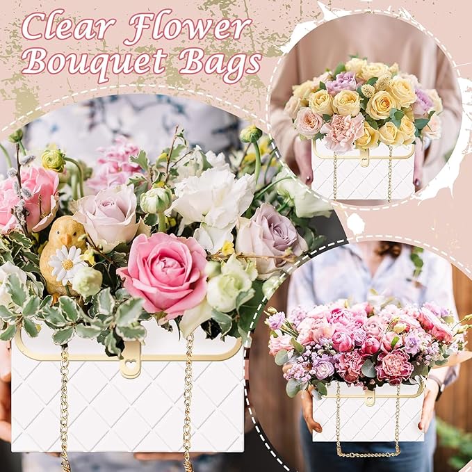 Jemattely 4 Pcs Flower Paper Gift Box,Large Waterproof Bouquet Storage Bucket Florist Handbag with Metal Chain Flower Boxes for Wedding Mother's Day Birthday Bridal Etc Shower Gift Wrap Craft-White