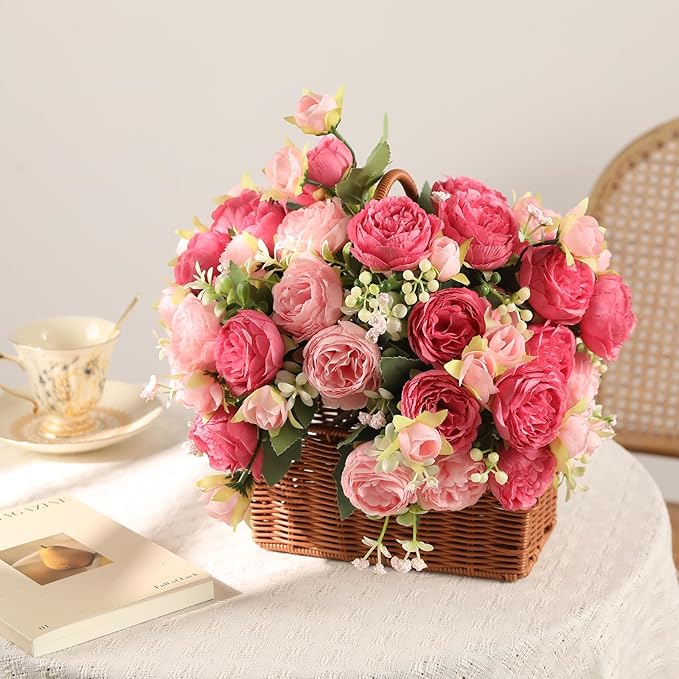 Floweroyal 4 Bunches Peony Artificial Flowers Pink Flowers Silk Peonies Bouquets for Wedding Party Table Centerpieces Floral Arrangement Home Kitchen Decor