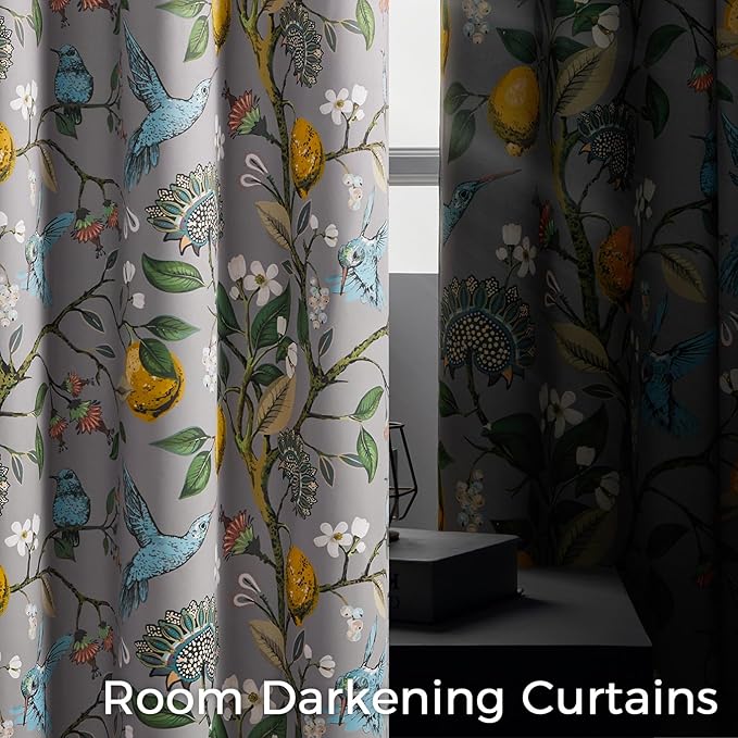 Grey Floral Curtains for Living Room Bedroom, Aesthetic Unique Rustic Pinch Pleated Drapes Cottagecore Flower Printed Modern Farmhouse Window Treatment 63 Inch Length 2 Panels