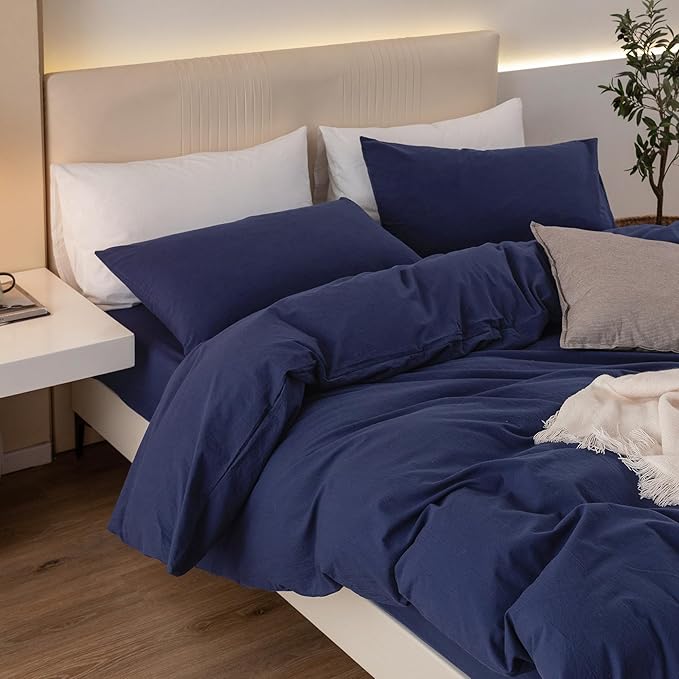 JIYUAN 100% Washed Cotton Duvet Cover Set 2 Pieces Twin, 1 Duvet Cover 68x90 Inches(Comforter Not Included) and 1 Pillowcases,Linen Feel Bedding Set Comfy and Breathable,Navy Blue
