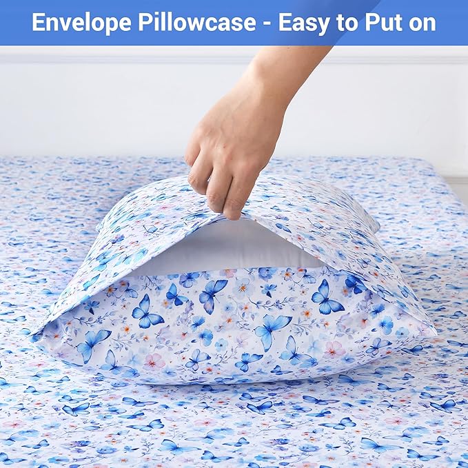 Softan Full Floral Sheets, Microfiber Blue Flower Printed Fitted Sheets with Non-Slip Corner Straps and 15" Deep Pocket, Butterfly Patterned Cozy Bed Sheets Double Sheets & Pillowcase Sets