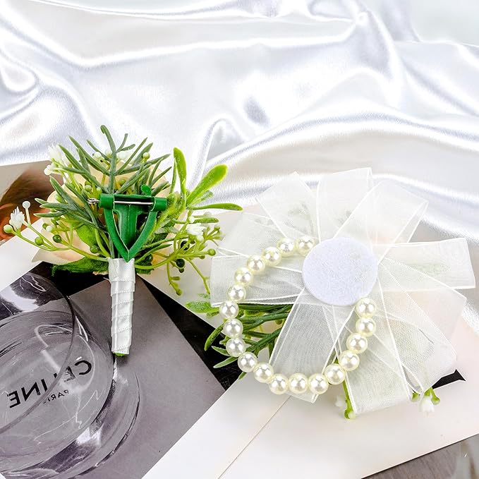 SITUMEIZI 2Pcs Champagne Corsage and Boutonniere Set,Corsage Wristlet for Prom Decor,Boutonniere for Men Wedding Flowers Accessories Party Suit Decoration