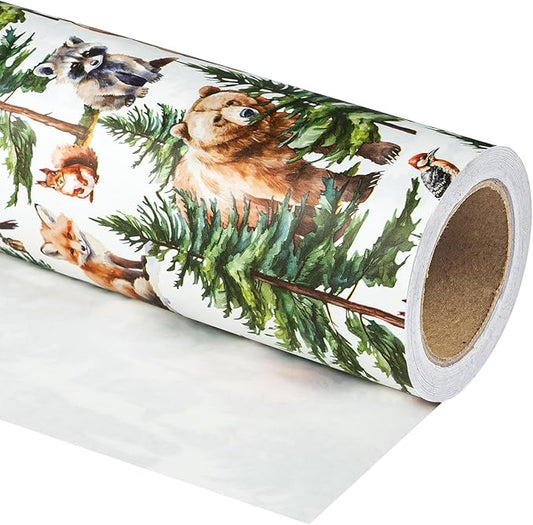 WRAPAHOLIC 30 Inch Jumbo Kraft Christmas Wrapping Paper - 30 Inch x 100 Feet Jumbo Roll White Wild Animal Winterfall Watercolor and Christmas Tree Wrapping Paper Perfect for Holiday, Party
