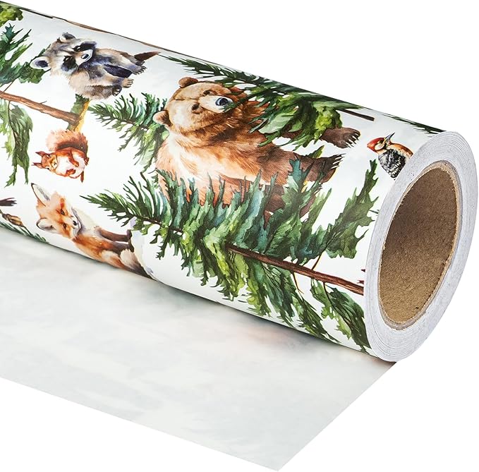 WRAPAHOLIC Kraft Christmas Wrapping Paper - Mini Roll - 17 Inch x 33 Feet - White Wild Animal Winterfall Watercolor and Christmas Tree Wrapping Paper Perfect for Holiday, Party