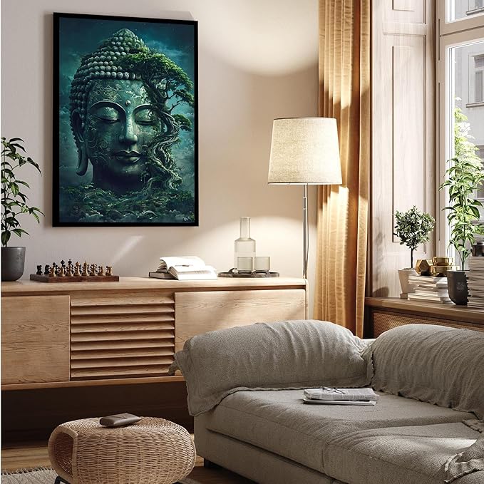 Buddha statue wall art canvas wall decor aesthetic picture mystical nature art for tranquil home and spiritual space 8x12in Metal blackFramed