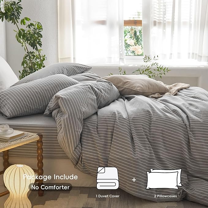 MooMee Striped Duvet Cover Set 100% Washed Cotton Linen Like Textured Breathable Durable Soft Comfy (Light Grey White Wide Stripes, Alaska King 132"x120")
