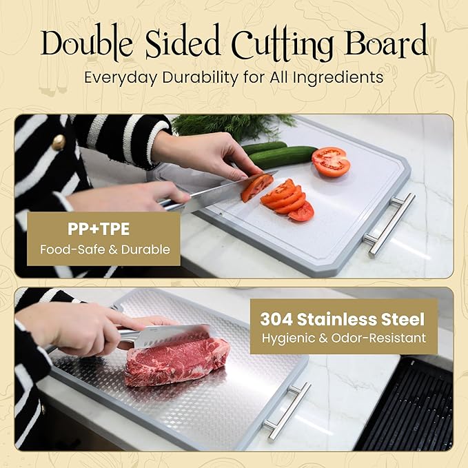 Stainless Steel Cutting Board, Double-Sided 304 Stainless Steel & PP, Built-In Knife Sharpener, Non-Slip Juice Groove, Dishwasher Safe Steel Cutting Boards For Kitchen, Large (17.7" x 12.6")