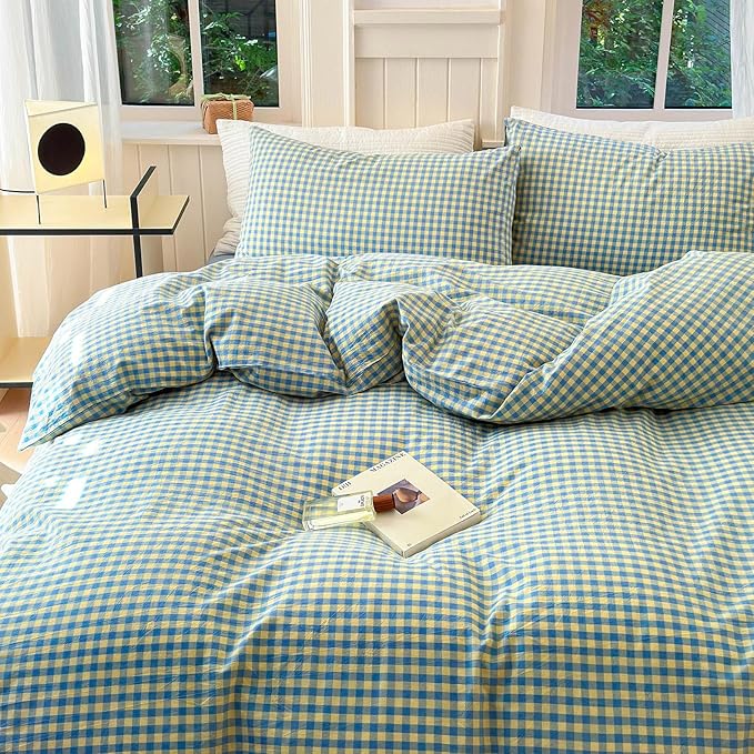 LifeTB Queen Comforter Set Blue Yellow Gingham Comforter with 2 Pillowcases Modern Style Geometric Plaid Comforter 3 Pieces Farmhouse Gingham Bedding Set Fluffy Grid Checkered Comforter Set