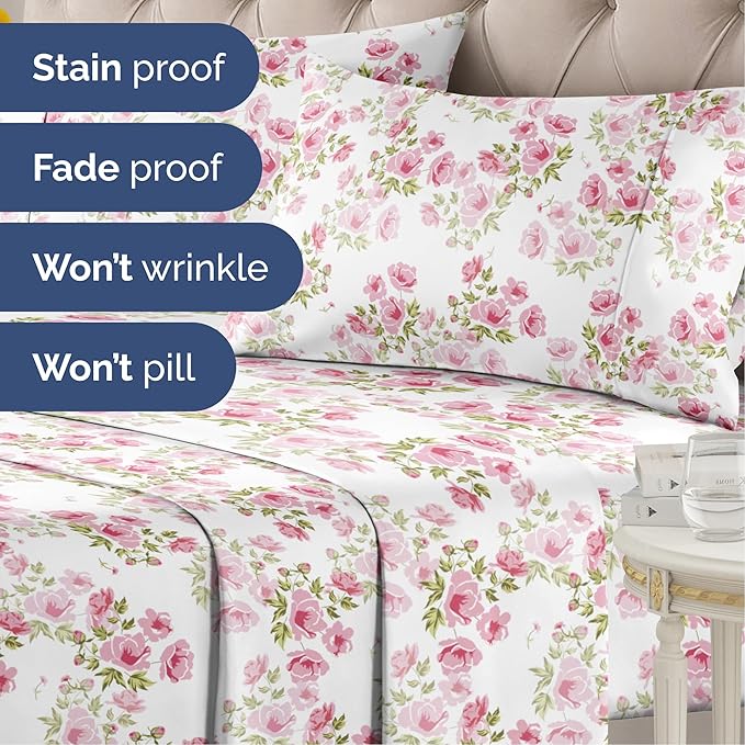 Floral Sheets - Pink Floral Bed Sheet Set - 1 Flat, 1 Fitted & 1 Pillowcase w/ Deep Pockets - Comfy, Wrinkle & Fade Free - Boho Botanical Bedding - Ultra-Soft, Breathable and Cooling - Twin Size Set