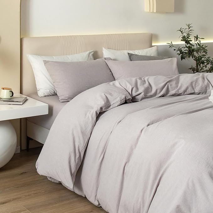 JIYUAN 100% Washed Cotton Duvet Cover Set 3 Pieces Cal King, 1 Duvet Cover 104x98 Inches(Comforter Not Included) and 2 Pillowcases,Linen Feel Bedding Set Comfy and Breathable, Heathered Linen