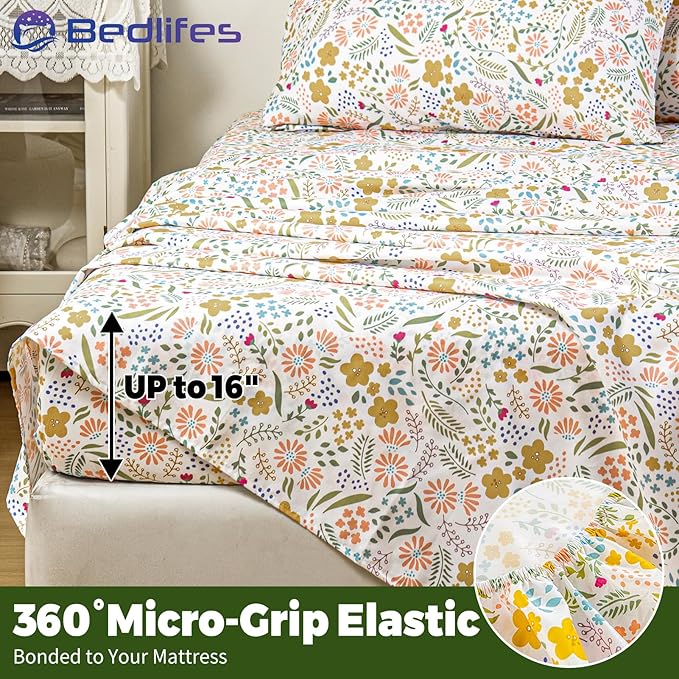 Bedlifes Full Floral 4-Piece Sheet Set - Cooling Sheets Blend Rayon Derived from Bamboo,Soft & Breathable, Deep Pocket 16", Wrinkle Resistant - Featuring Floral