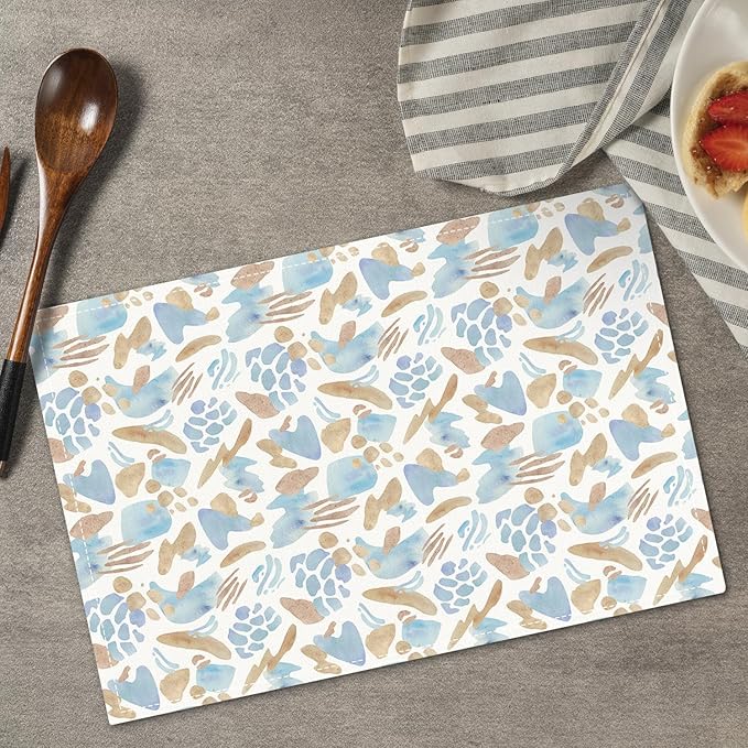Blue and Brown Placemats Set of 4, Watercolor Table Mat for Home Kitchen, Restaurants, Outdoor Linen Washable Place Mats 12x18 inch Party Event Dining Decoration-07