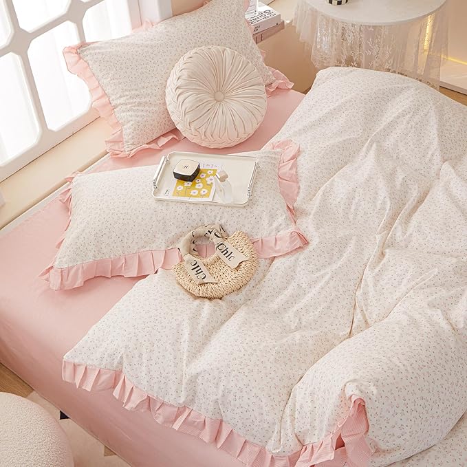 Pink Floral Ruffle Duvet Cover Twin 100% Cotton Pink Flower Duvet Cover Girls Romantic Comforter Cover Princess Lace Coquette Bedding Set Vintage Aesthetic Bedding Cute Flower Comforter Cover Twin