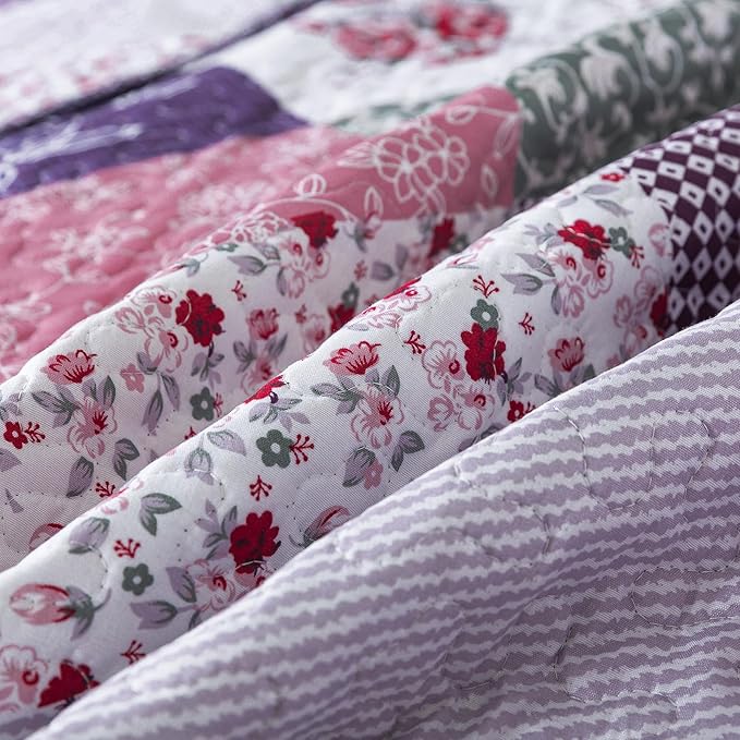 HoneiLife Quilt Set Queen Size - 3 Piece Microfiber Reversible Bedspreads Patchwork Coverlets Floral Bedding Set All Season Quilts with Geometric and Little Rose Print Pattern