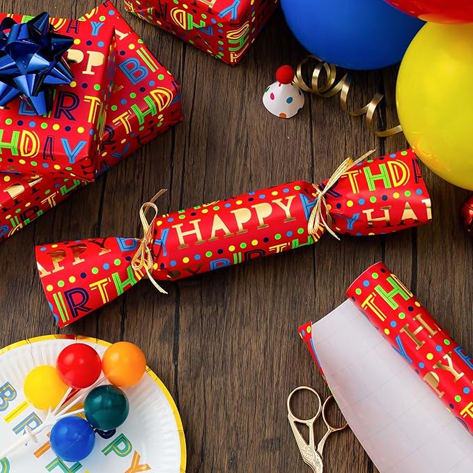 MIMUTI Red Birthday Wrapping Paper - 17 in X 33 ft - Foil Gift Wrap for Kids, Girls, Boys - Colorful Happy Birthday Text Design for Birthdays, Baby Shower, Party