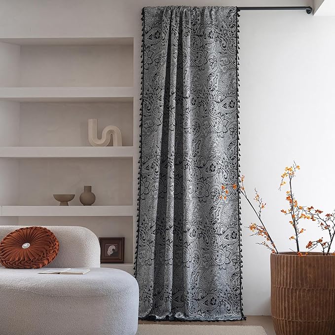 ENJOYBRIDAL Black Paisley 63 Inch Curtains for Bedroom Semi Sheer Drapes Light Filtering Boho Rod Pocket Short Window Curtains 2 Panel Sets Living Room Farmhouse Printed Jacquard Window Treatments