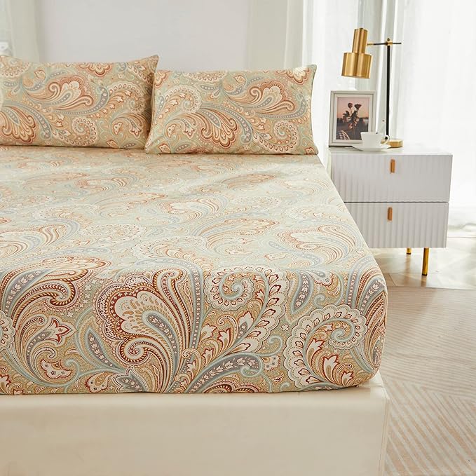 Brandream Paisley Bedding Gold Classy Regal Themed Boho Bed Sheet Set Luxury Bedding Collections 800 Thread Count 100% Egyptian Cotton Deep Pocket, 4 Piece-Queen Size