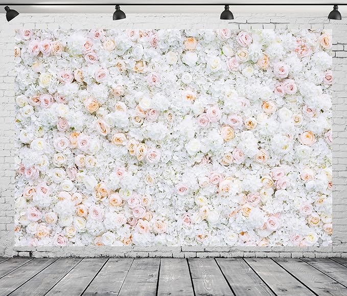 BELECO 10x6.5ft Fabric Flower Wall Backdrop Pink White Roses Flowers Floral Wall Background Backdrop Valentine's Day Party Engagement Newborn Baby Shower Birthday Wedding Photoshoot Studio Props