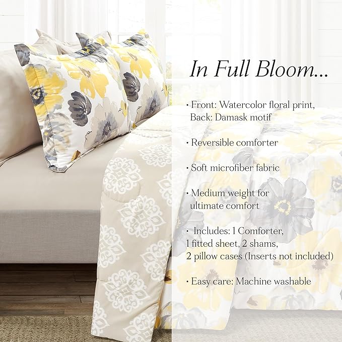 Lush Decor Leah Reversible Comforter Set, 6 Piece Set, King, Yellow & Gray- Watercolor Botanical Comforter Queen Size-Farmhouse Florals Bedding Decor