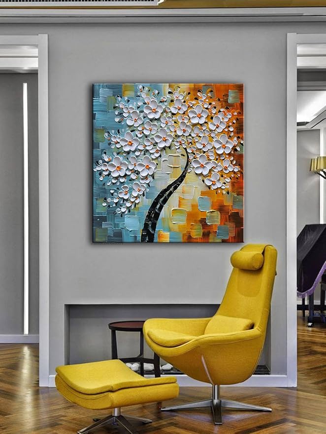 YaSheng Art - hand-painted Oil Painting On Canvas white Flowers Paintings Modern Home Interior Decor Wall Art for living room Abstract Art picture Ready to hang 30x30inch