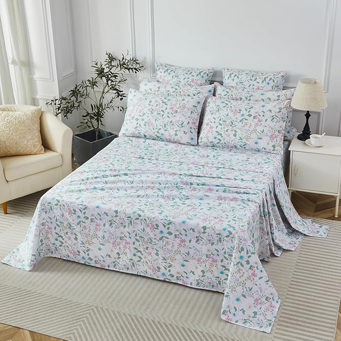 FADFAY Twin Extro Long Size Sheets Set 100% Cotton Vintage Floral Shabby Flowers & Leaves Pattern Farmhouse Bedding Set Deep Pocket Sheets with 2 Pillowcases Breathable Soft 4Pcs, Twin XL