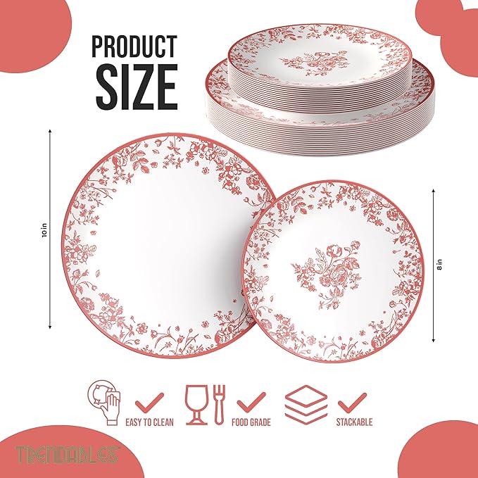 Trendables Plastic Plates For Party Supplies, Floral Disposable Plates For Party & Weddings 200 Pcs - 100 x 8 Dessert Plates & 100 x 10 Plastic Dinner Plates, Plate Set Disposable Dinnerware Sets