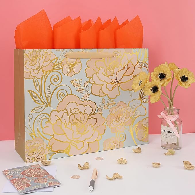 16.5” Extra Large Rose Gold Gift Bag Set with Handles, Greeting Card, Tissue Papers and Stickers for Women Girls for Birthday, Wedding, Valentine's Day and Mother’s Day, Foil Traced Flowers Design, 1 Pcs