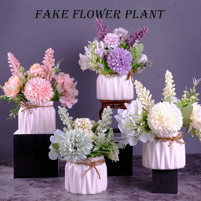 Artificial Potted Flowers, Small Ceramic Vase Fake Flower Plants Desktop Decoration Indoor for Home and Office, Faux Flowers Hydrangea Decora for Table,Bookshelf,Bedroom,Living Room,Party.(Purple)