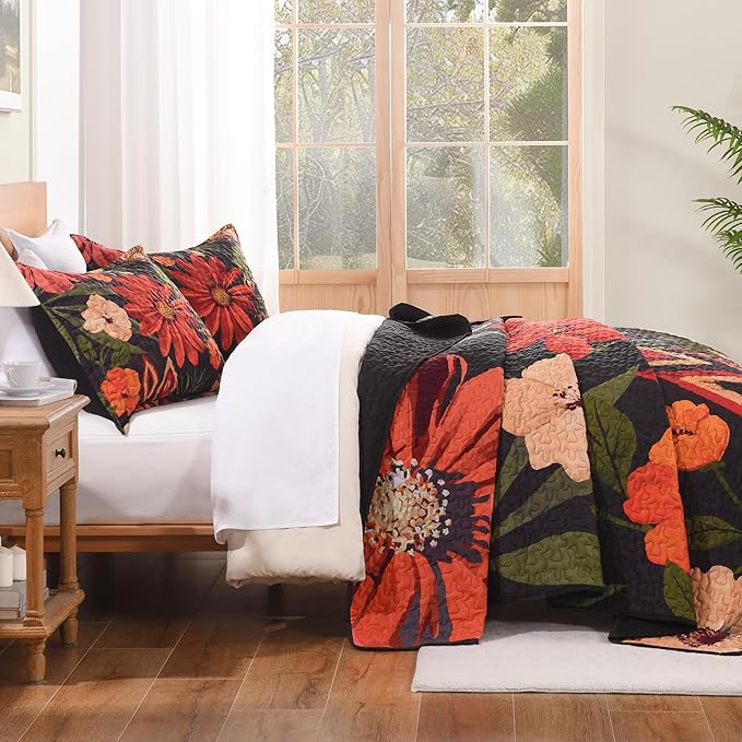 Andency Floral Boho Queen Quilt Bedding Set Black, 3 Pieces Farmhouse Flower Botanical Summer Bedspreads with 2 Shams, Soft Reversible Lightweight Microfiber Coverlet Set for All Season, 90"x96"