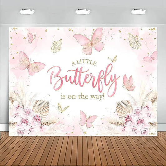 Mocsicka Butterfly Baby Shower Backdrop for Girl's A Little Butterfly is on The Way Pink Florals Flowers Photography Background Princess Girl Party Decoration Photography Props (7x5ft, Pink)