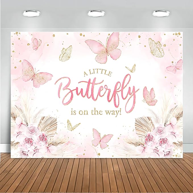 Mocsicka Butterfly Baby Shower Backdrop for Girl's A Little Butterfly is on The Way Pink Florals Flowers Photography Background Princess Girl Party Decoration Photography Props (10x7ft, Pink)
