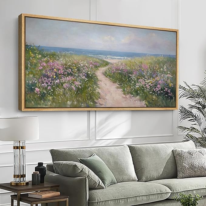 SIGNFORD Extra Large Framed Canvas Print Wall Art Seaside Path with Wildflowers Coastal Landscape Illustrations Modern Art Relax/Calm Warm for Living Room, Bedroom, Office - 60"x30"